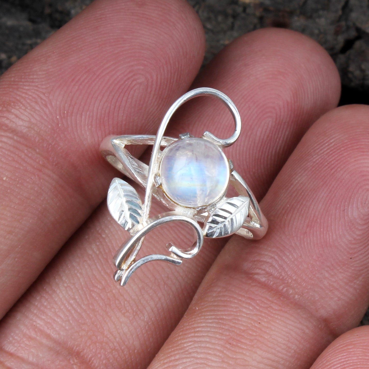 Designer Leaf Rainbow Moonstone Ring 925 Sterling Silver Natural Round Gemstone Prong Setting Ring