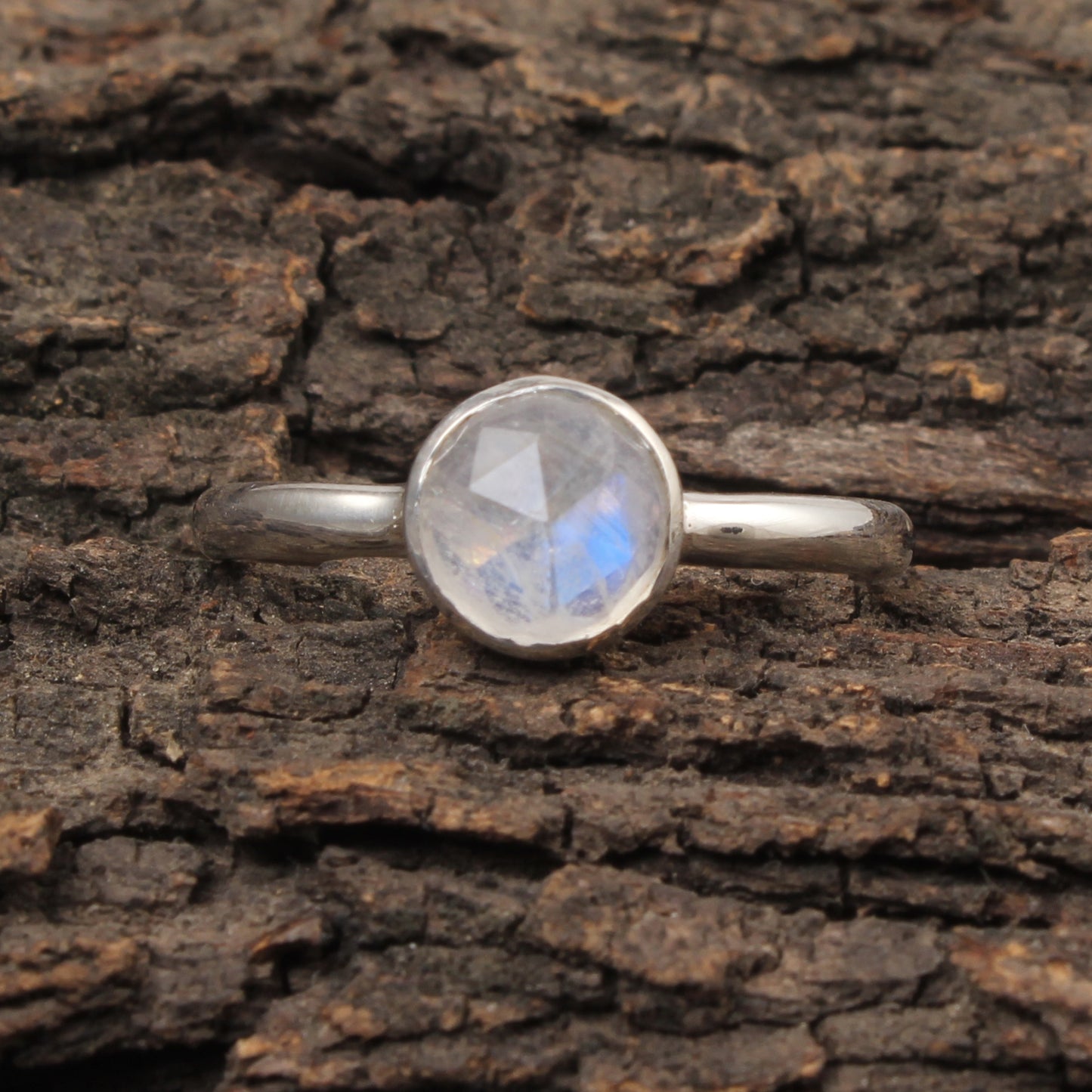 Faceted Rainbow Moonstone Ring Minimalist 925 Sterling Silver Natural Round Gemstone Ring