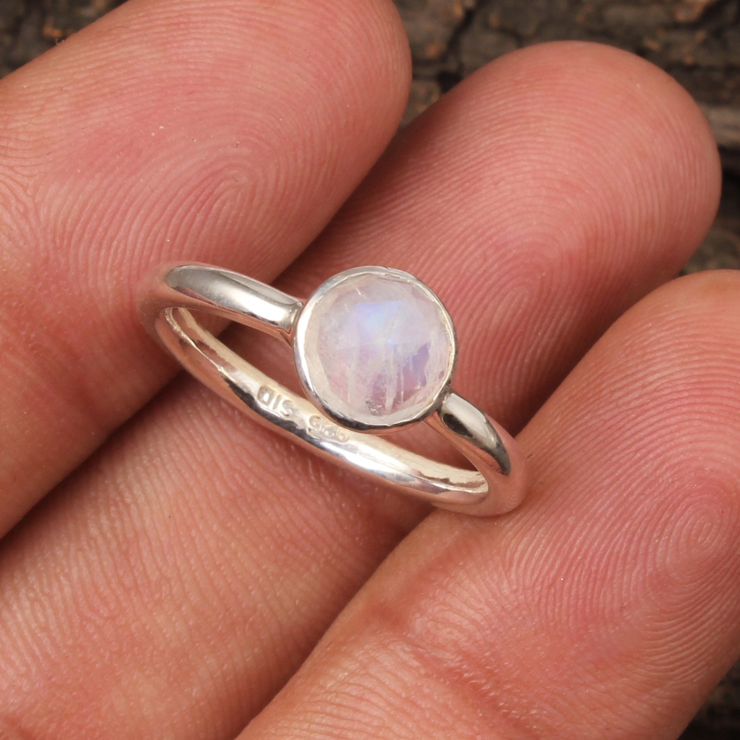 Faceted Rainbow Moonstone Ring Minimalist 925 Sterling Silver Natural Round Gemstone Ring