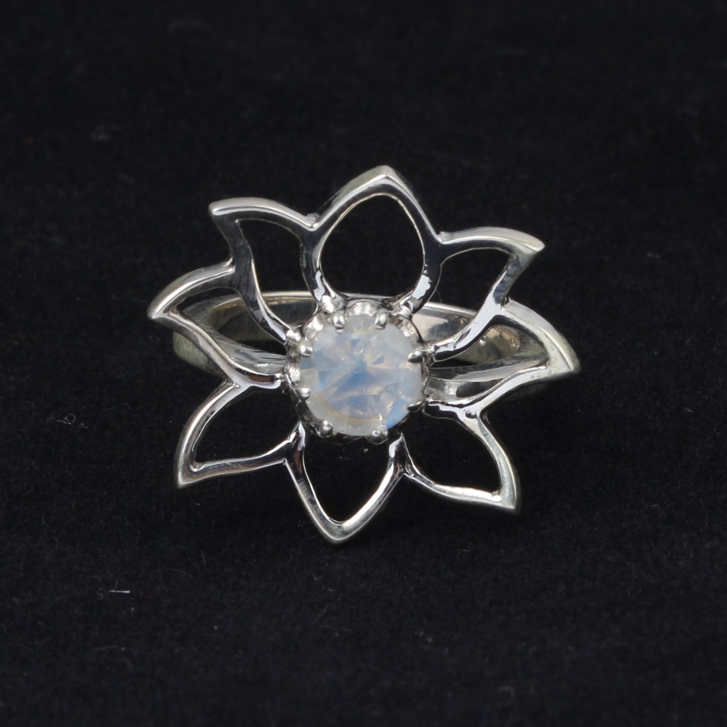Rainbow Moonstone Lotus Flower Ring Handmade 925 Sterling Silver Natural Gemstone Ring