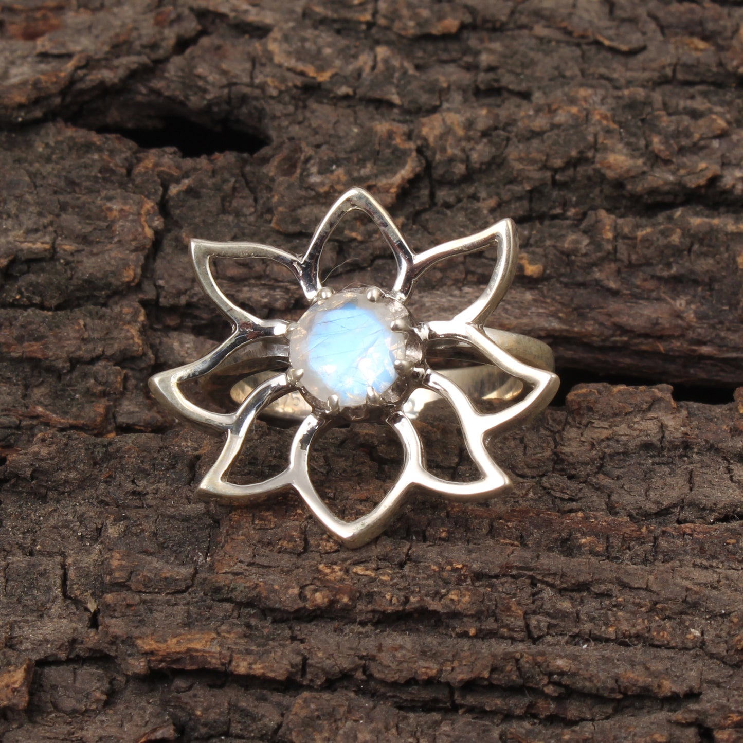Rainbow Moonstone Lotus Flower Ring Handmade 925 Sterling Silver Natural Gemstone Ring