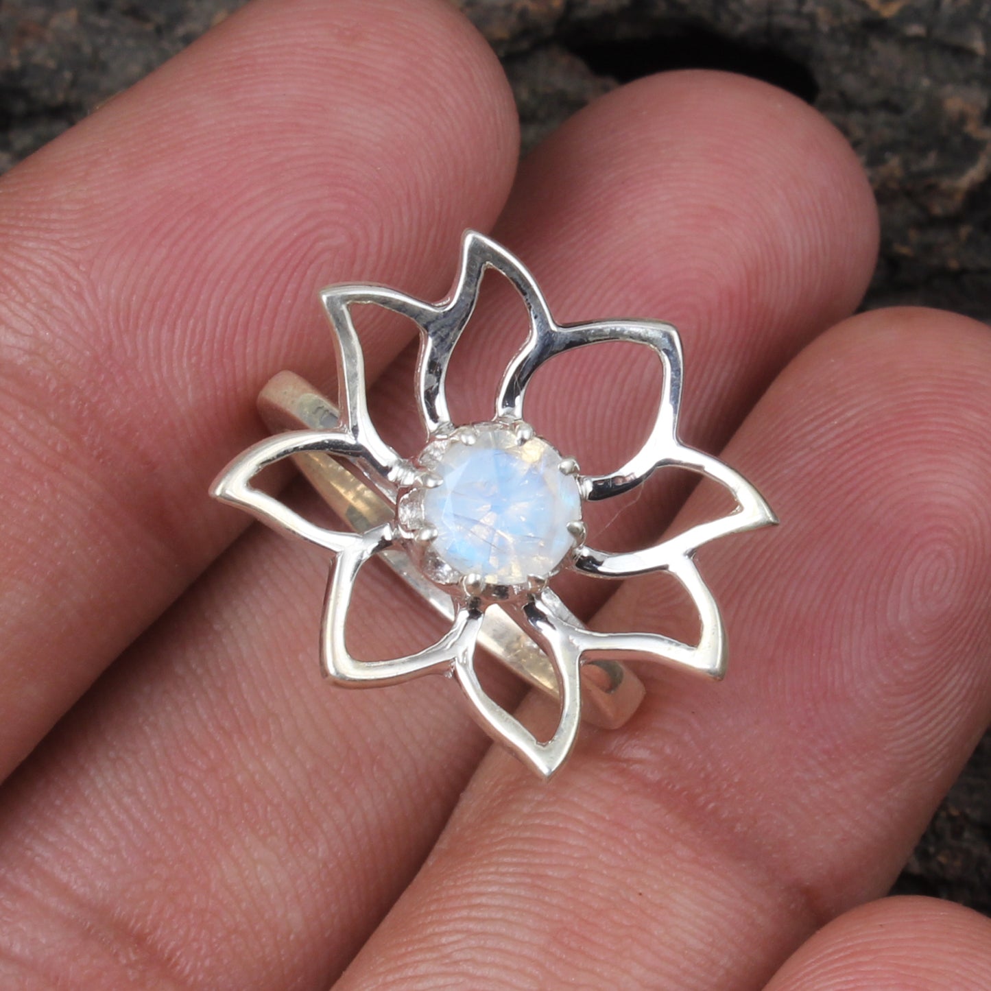 Rainbow Moonstone Lotus Flower Ring Handmade 925 Sterling Silver Natural Gemstone Ring