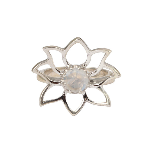 Rainbow Moonstone Lotus Flower Ring Handmade 925 Sterling Silver Natural Gemstone Ring