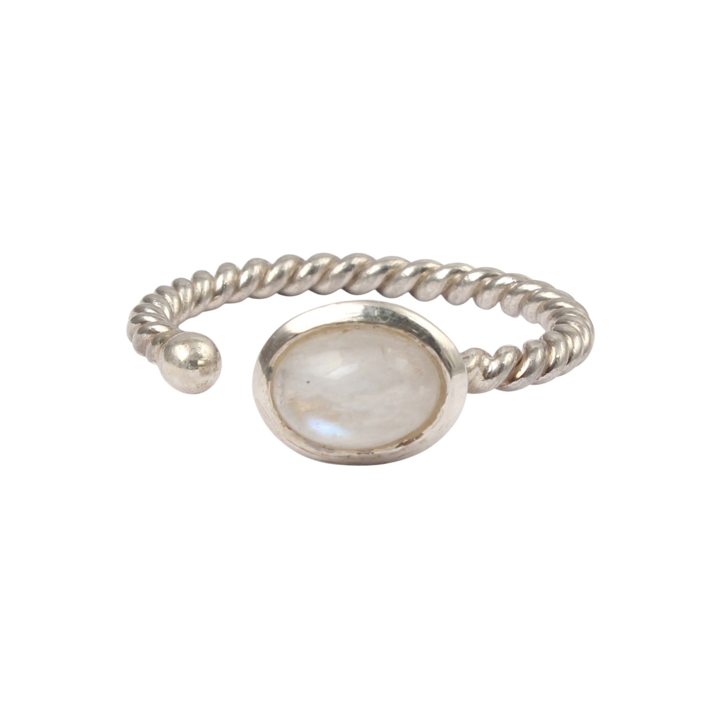 Rainbow Moonstone Adjustable Design Ring with Twisted Band Oval Shaped Stone 925 Sterling Silver Ring
