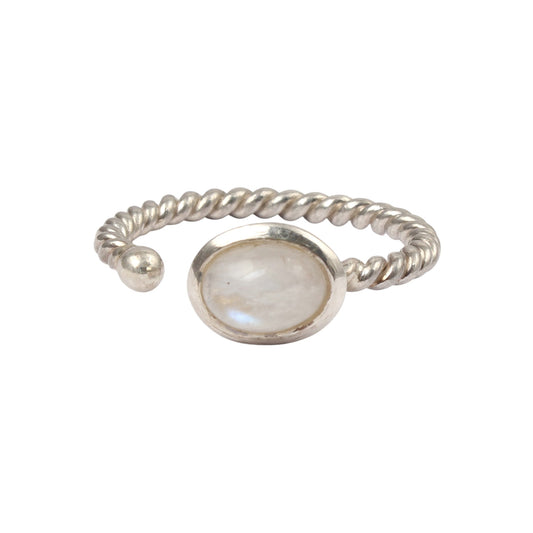 Rainbow Moonstone Adjustable Design Ring with Twisted Band Oval Shaped Stone 925 Sterling Silver Ring