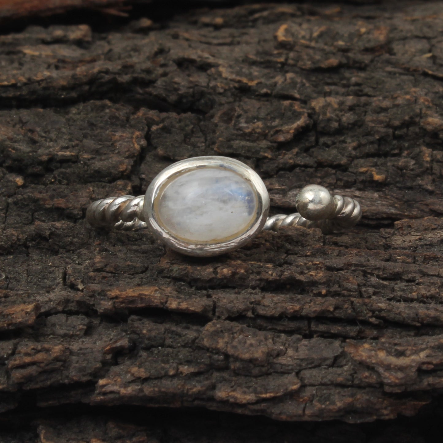 Rainbow Moonstone Adjustable Design Ring with Twisted Band Oval Shaped Stone 925 Sterling Silver Ring