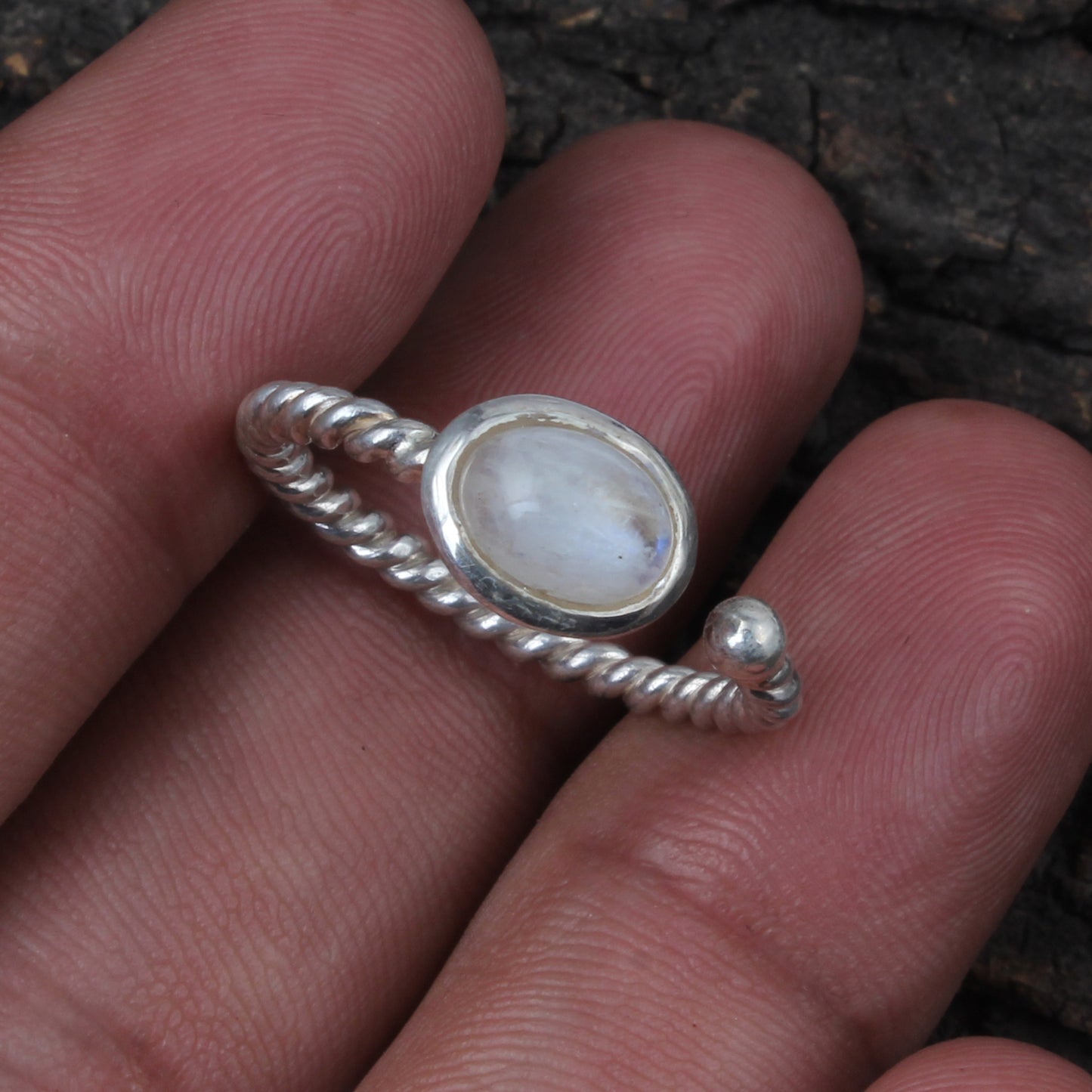 Rainbow Moonstone Adjustable Design Ring with Twisted Band Oval Shaped Stone 925 Sterling Silver Ring