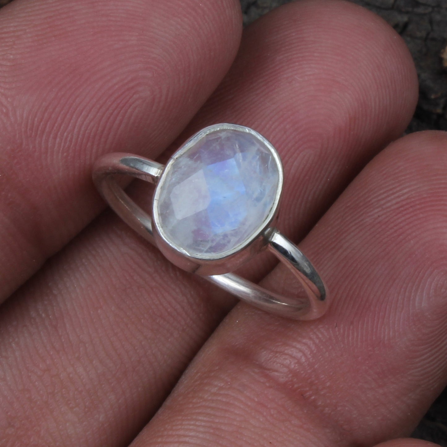 Faceted Rainbow Moonstone Ring 925 Sterling Silver Natural Oval Gemstone Ring