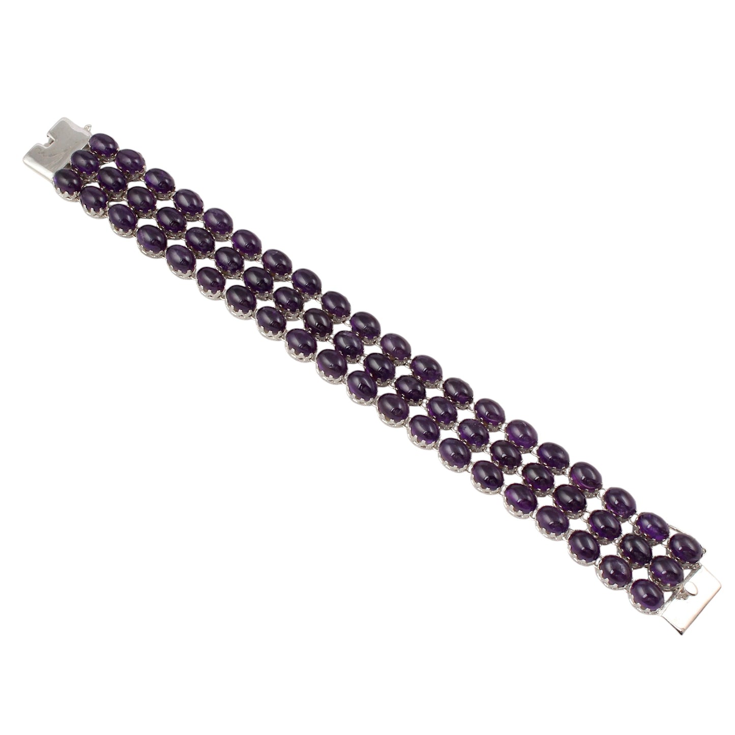 Natural Oval Amethyst Bracelet Triple-Row 925 Sterling Silver Bracelet Elegant February Birthstone Bracelet