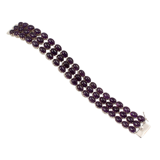 Natural Oval Amethyst Bracelet Triple-Row 925 Sterling Silver Bracelet Elegant February Birthstone Bracelet