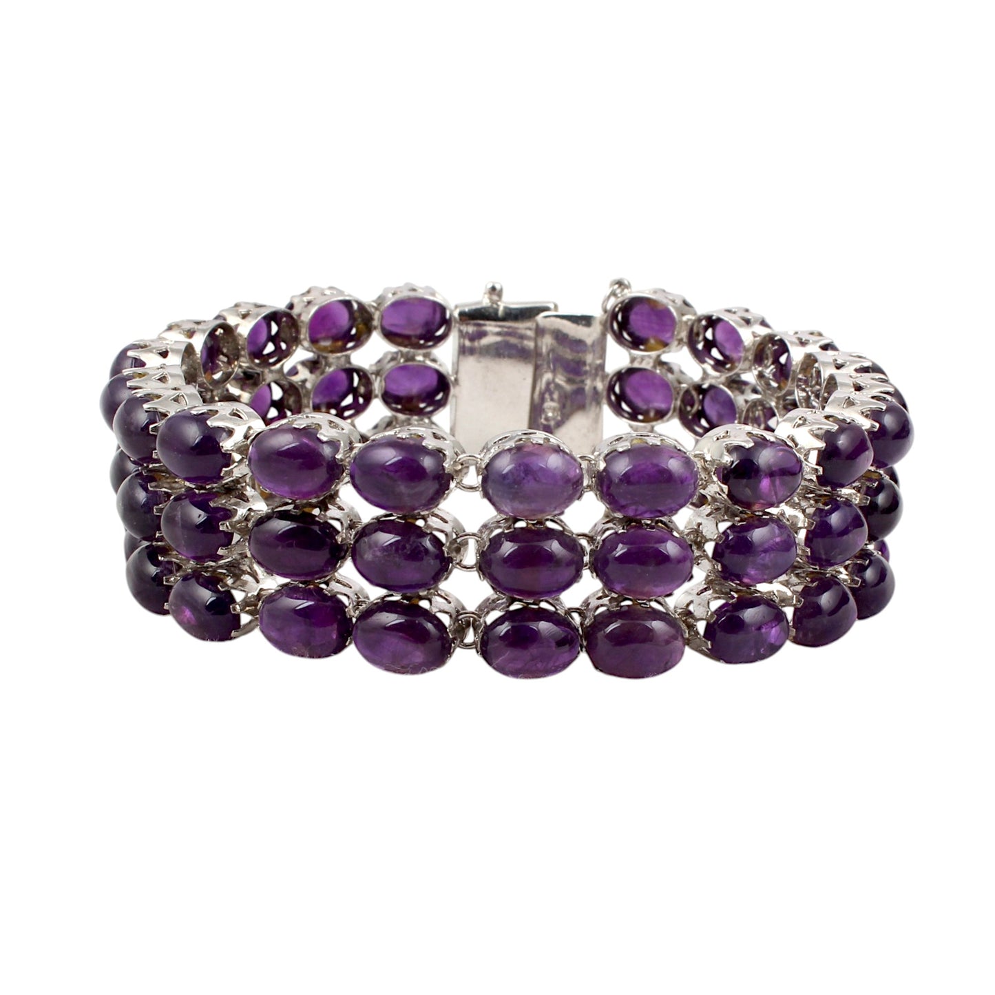 Natural Oval Amethyst Bracelet Triple-Row 925 Sterling Silver Bracelet Elegant February Birthstone Bracelet