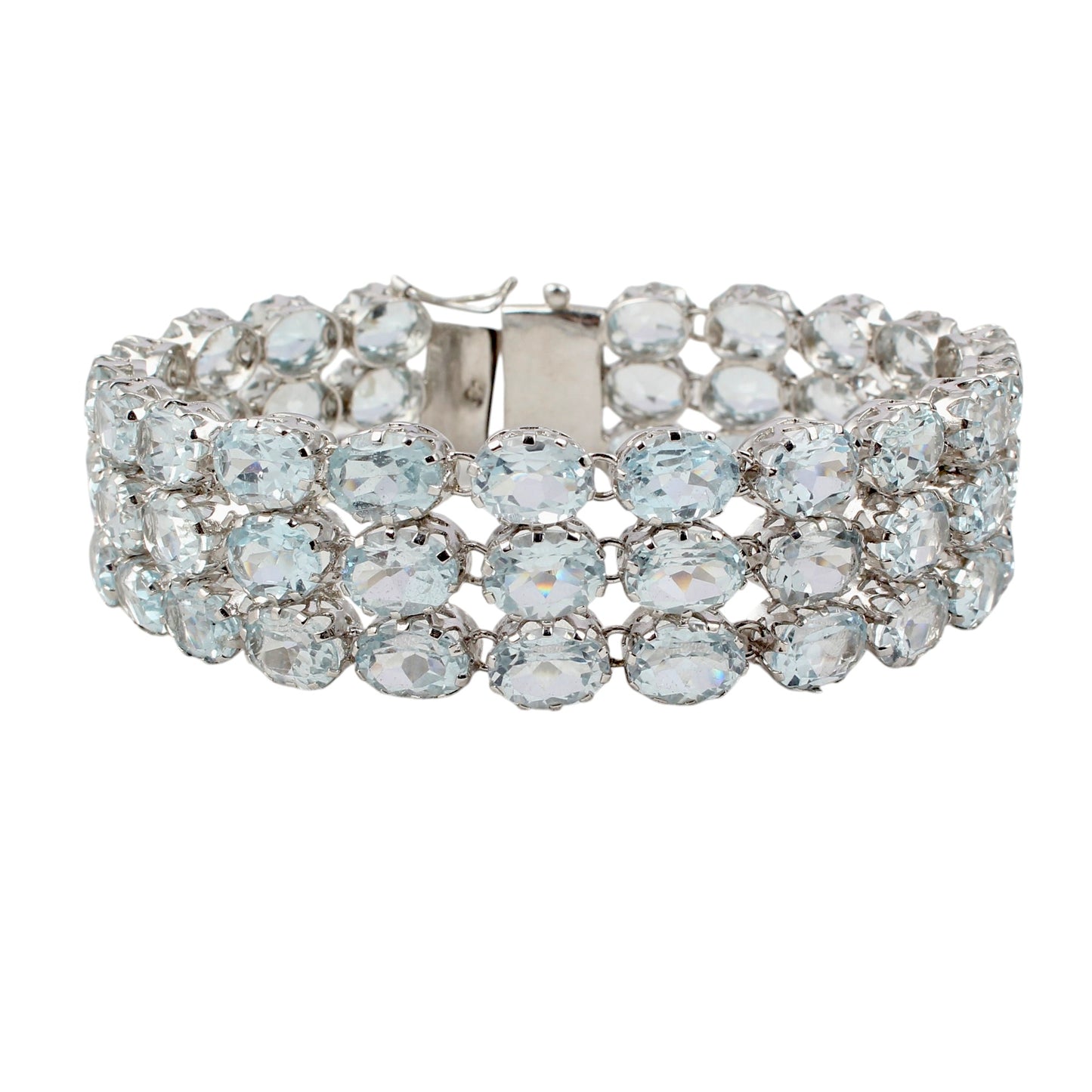 Elegant Natural Blue Topaz Bracelet Triple-Row 925 Sterling Silver Bracelet Faceted Gemstone Prong Setting Bracelet