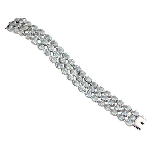 Elegant Natural Blue Topaz Bracelet Triple-Row 925 Sterling Silver Bracelet Faceted Gemstone Prong Setting Bracelet