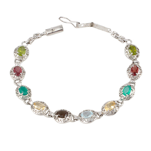 Multi Birthstone Bracelet Handmade Prong Set Link Bracelet 925 Sterling Silver Faceted Gemstone Vintage Bracelet