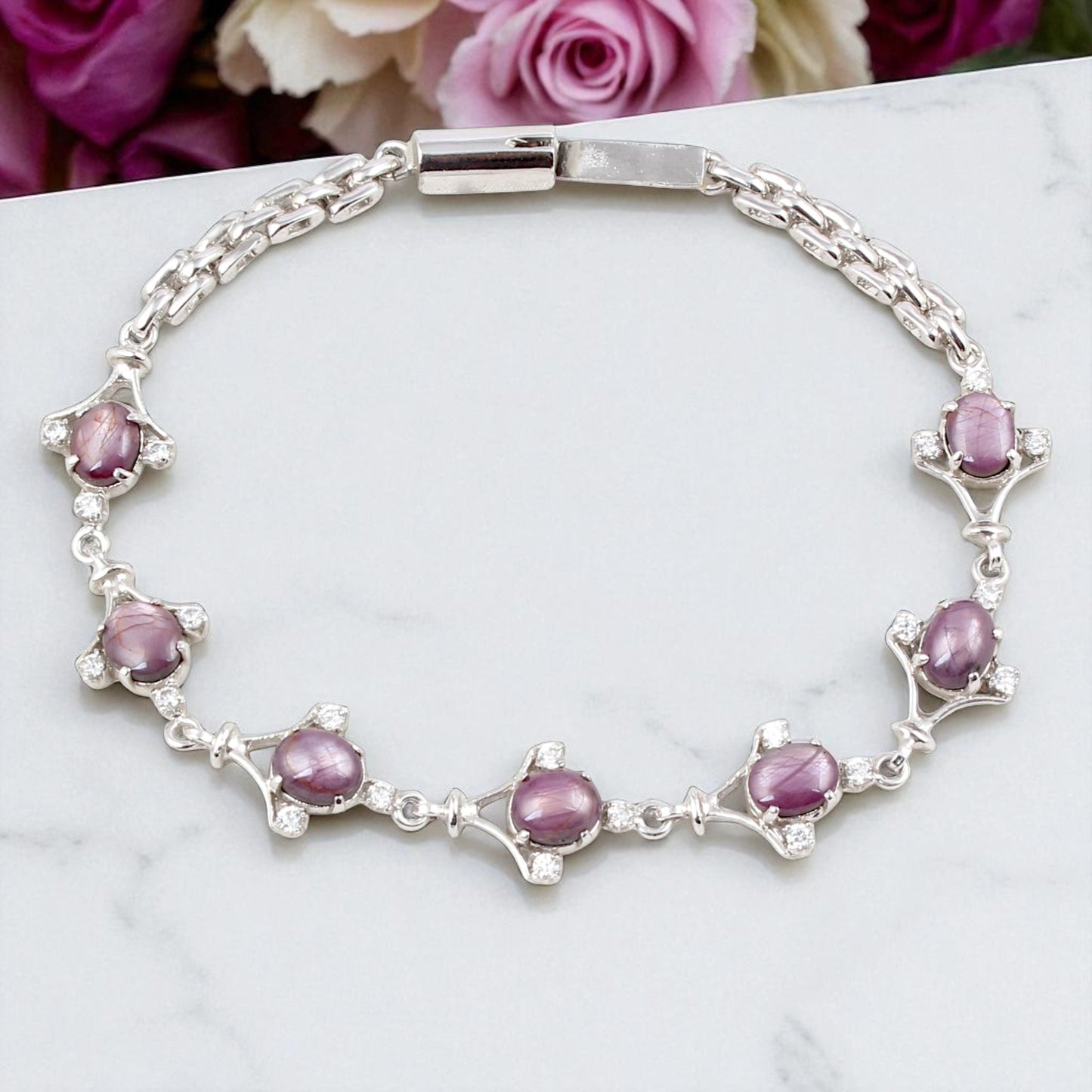 Natural Star Ruby Bracelet with CZ Handmade Prong Set 925 Sterling Silver Designer Ruby Bracelet Birthday Gift For Her