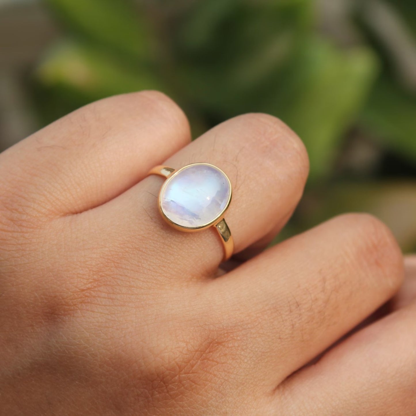 Oval Natural Rainbow Moonstone Ring in 14k Solid Yellow Gold
