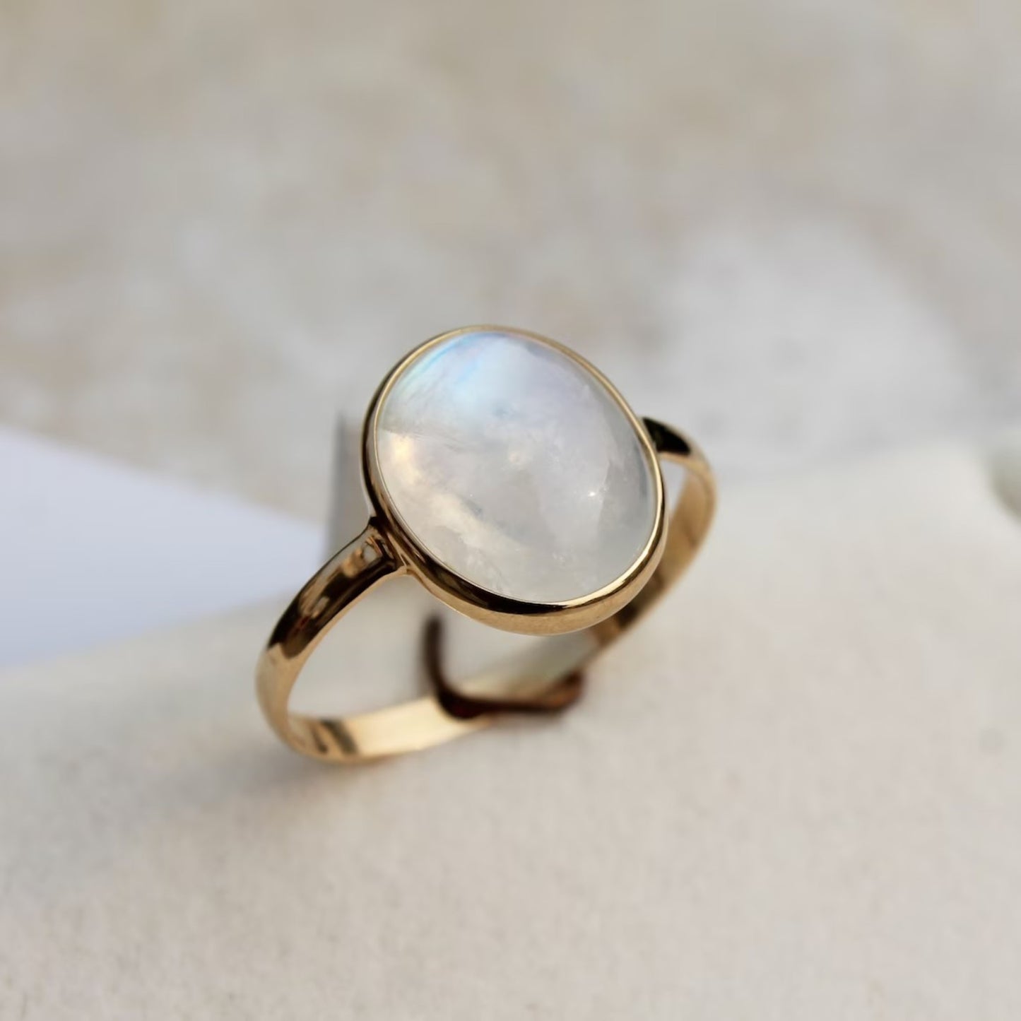 Oval Natural Rainbow Moonstone Ring in 14k Solid Yellow Gold