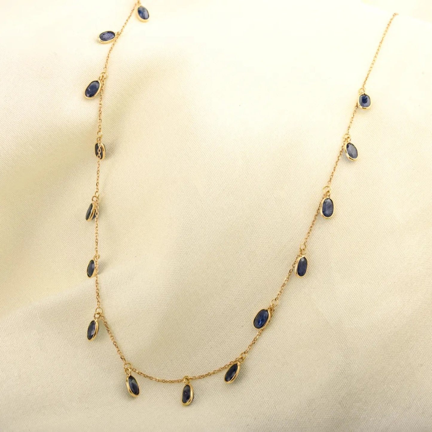 18K Solid Gold Blue Sapphire Chain Station Necklace (18 Inches)