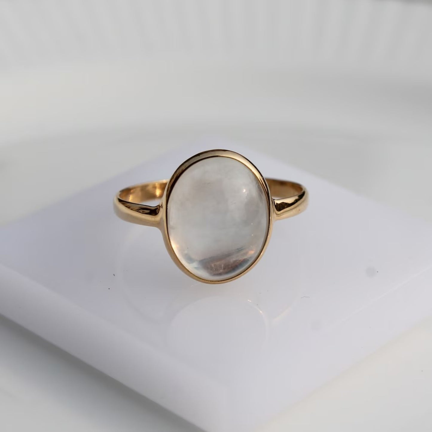 Oval Natural Rainbow Moonstone Ring in 14k Solid Yellow Gold