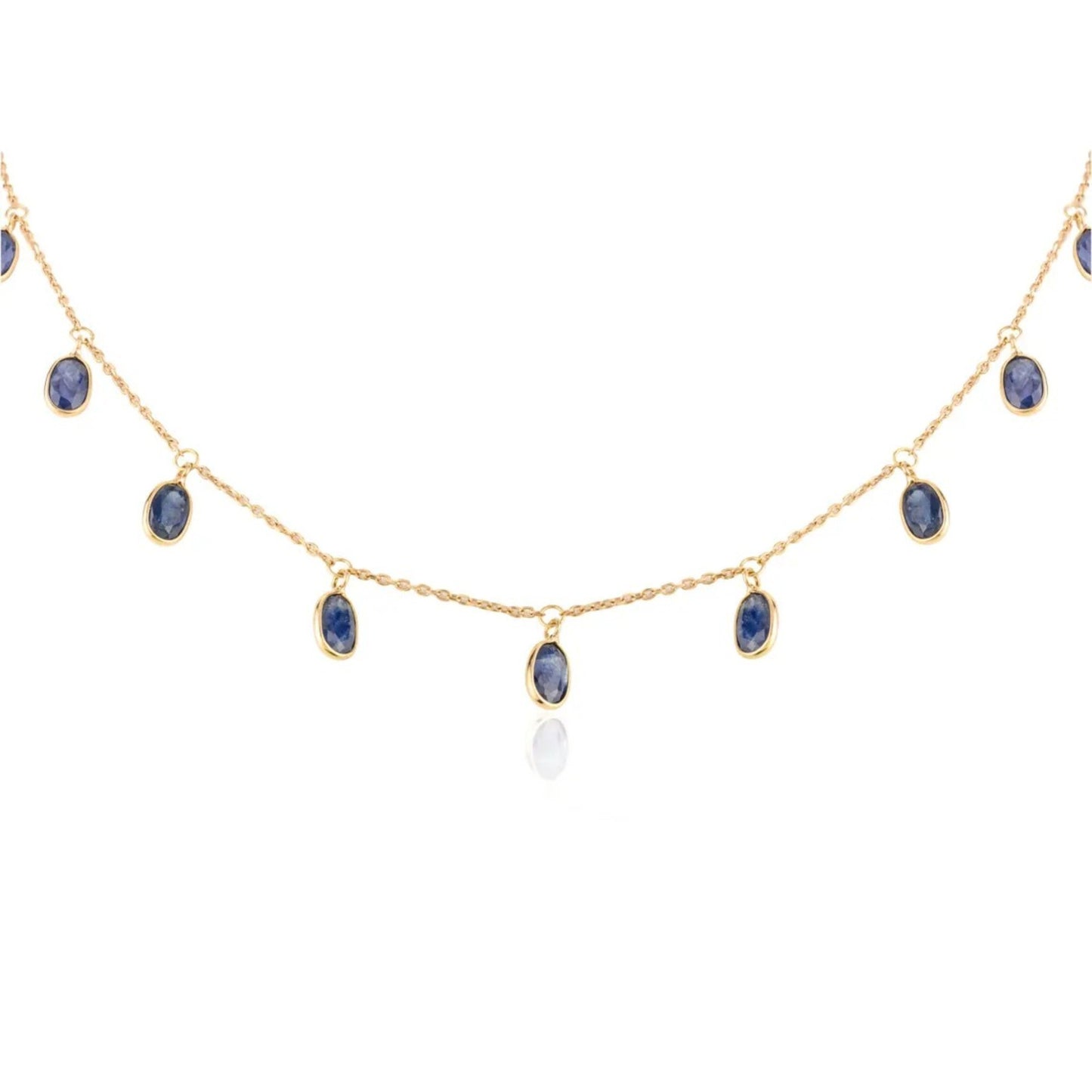 18K Solid Gold Blue Sapphire Chain Station Necklace (18 Inches)