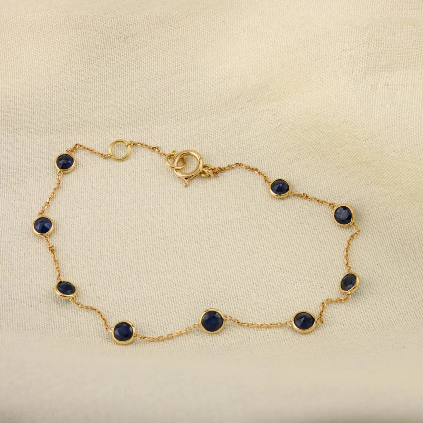 Solid 18K Yellow Gold Blue Sapphire Tennis Bracelet – Bezel Set Chain Link