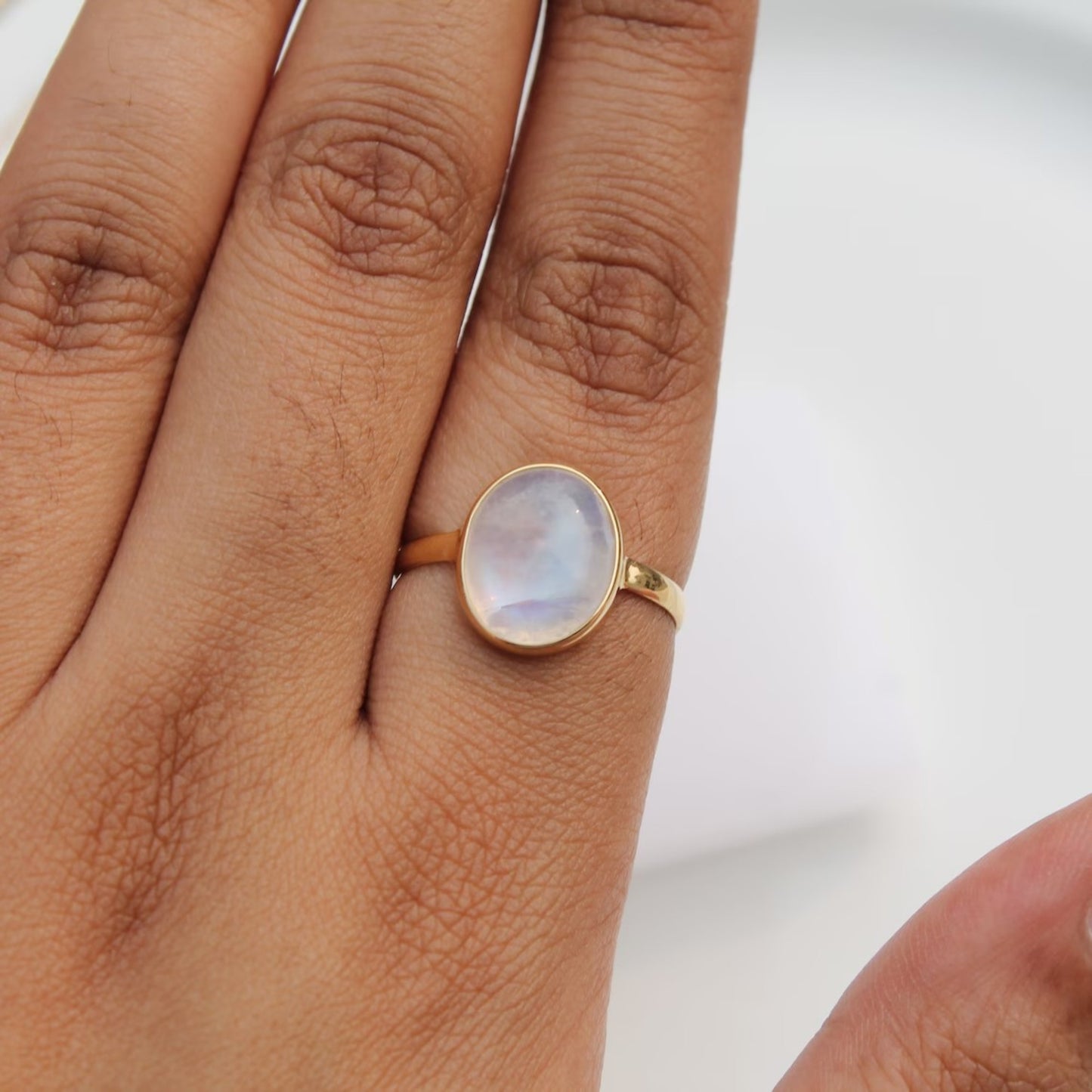 Oval Natural Rainbow Moonstone Ring in 14k Solid Yellow Gold
