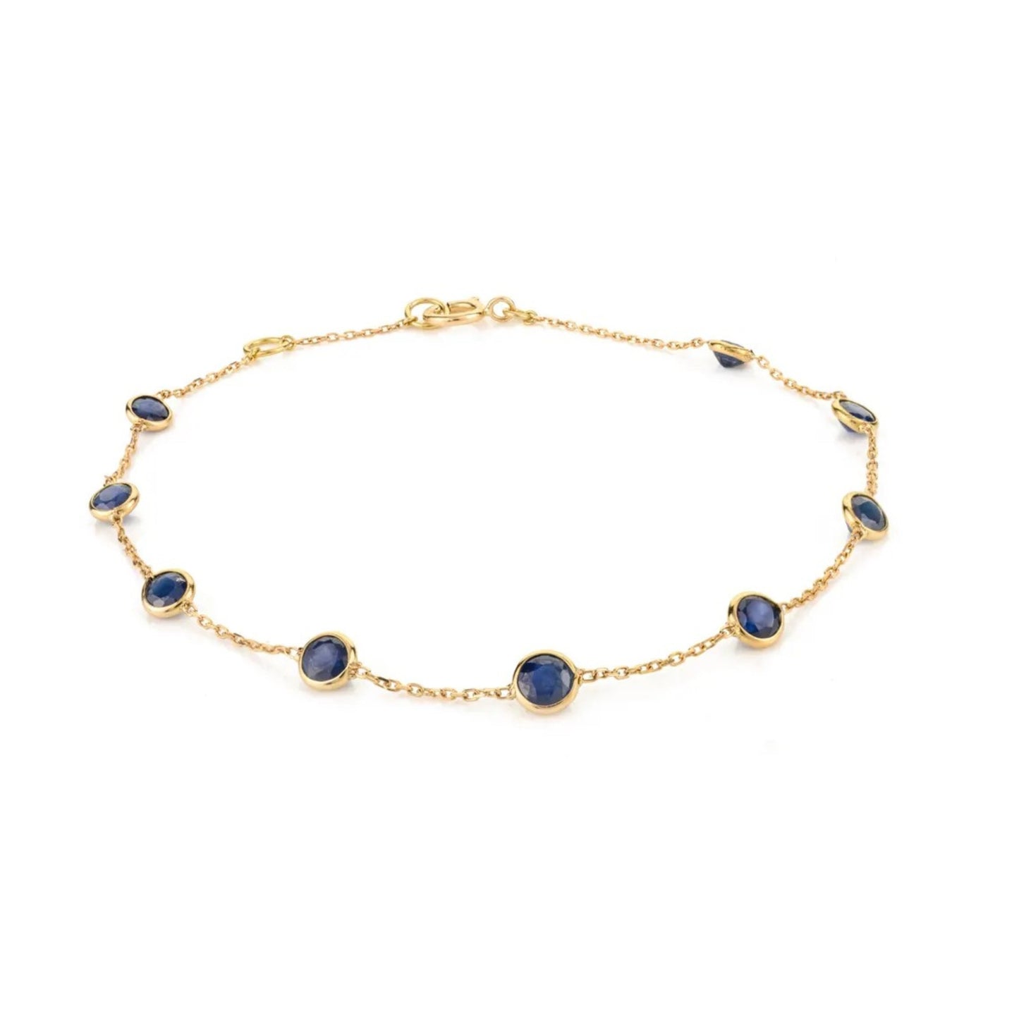 Solid 18K Yellow Gold Blue Sapphire Tennis Bracelet – Bezel Set Chain Link
