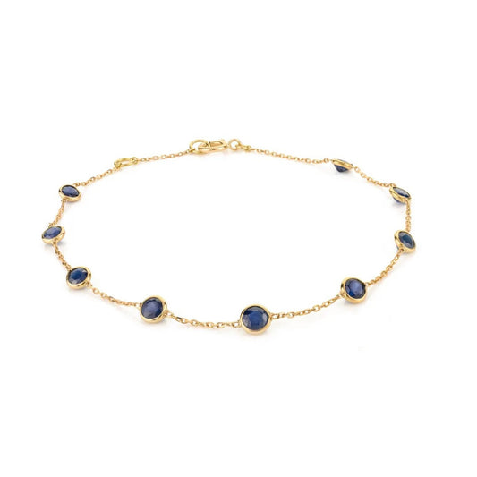 Solid 18K Yellow Gold Blue Sapphire Tennis Bracelet – Bezel Set Chain Link