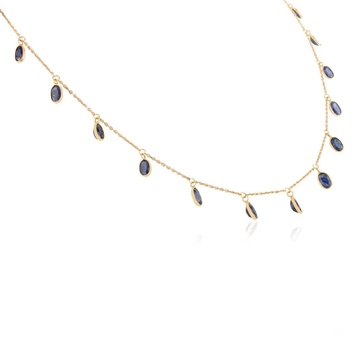 18K Solid Gold Blue Sapphire Chain Station Necklace (18 Inches)