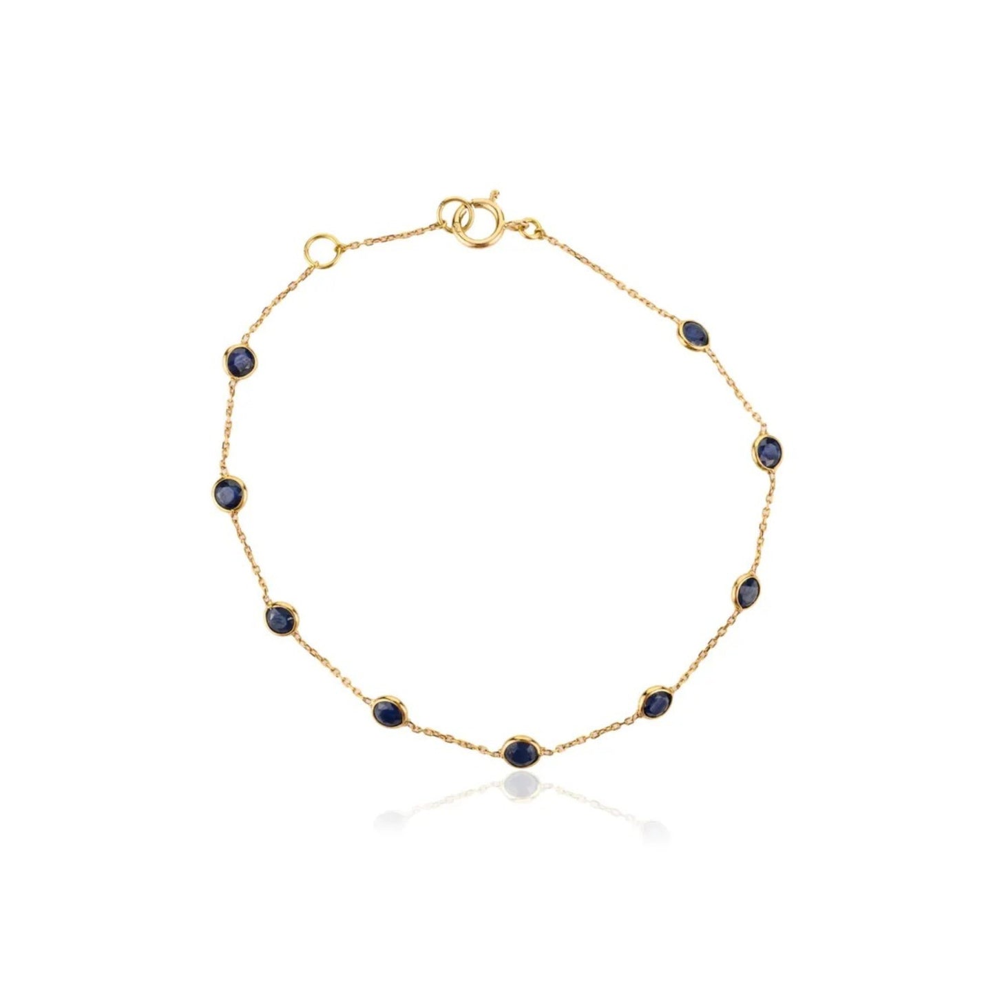 Solid 18K Yellow Gold Blue Sapphire Tennis Bracelet – Bezel Set Chain Link