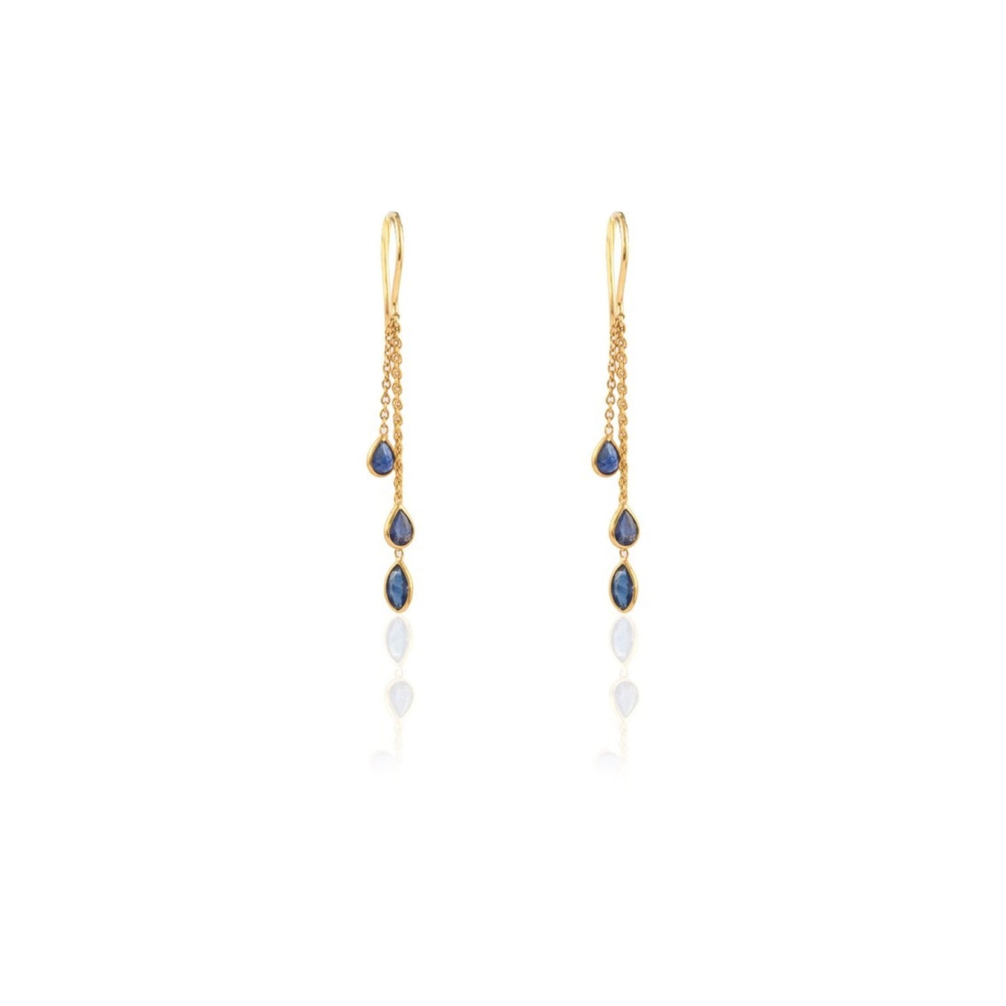 Natural Blue Sapphire 18K Gold Dangle Chain Earrings September Birthstone Gift For Women