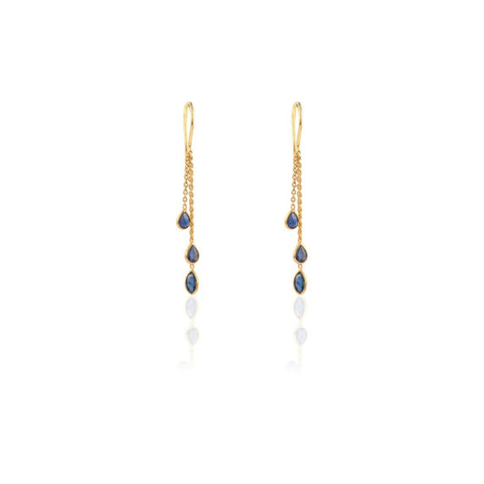 Natural Blue Sapphire 18K Gold Dangle Chain Earrings September Birthstone Gift For Women