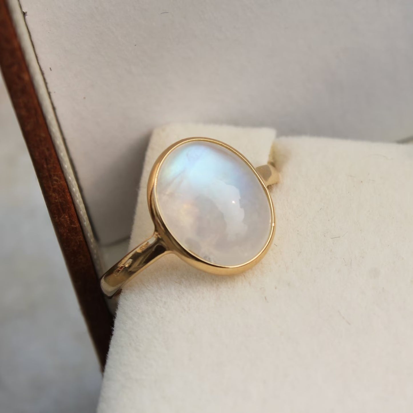 Oval Natural Rainbow Moonstone Ring in 14k Solid Yellow Gold