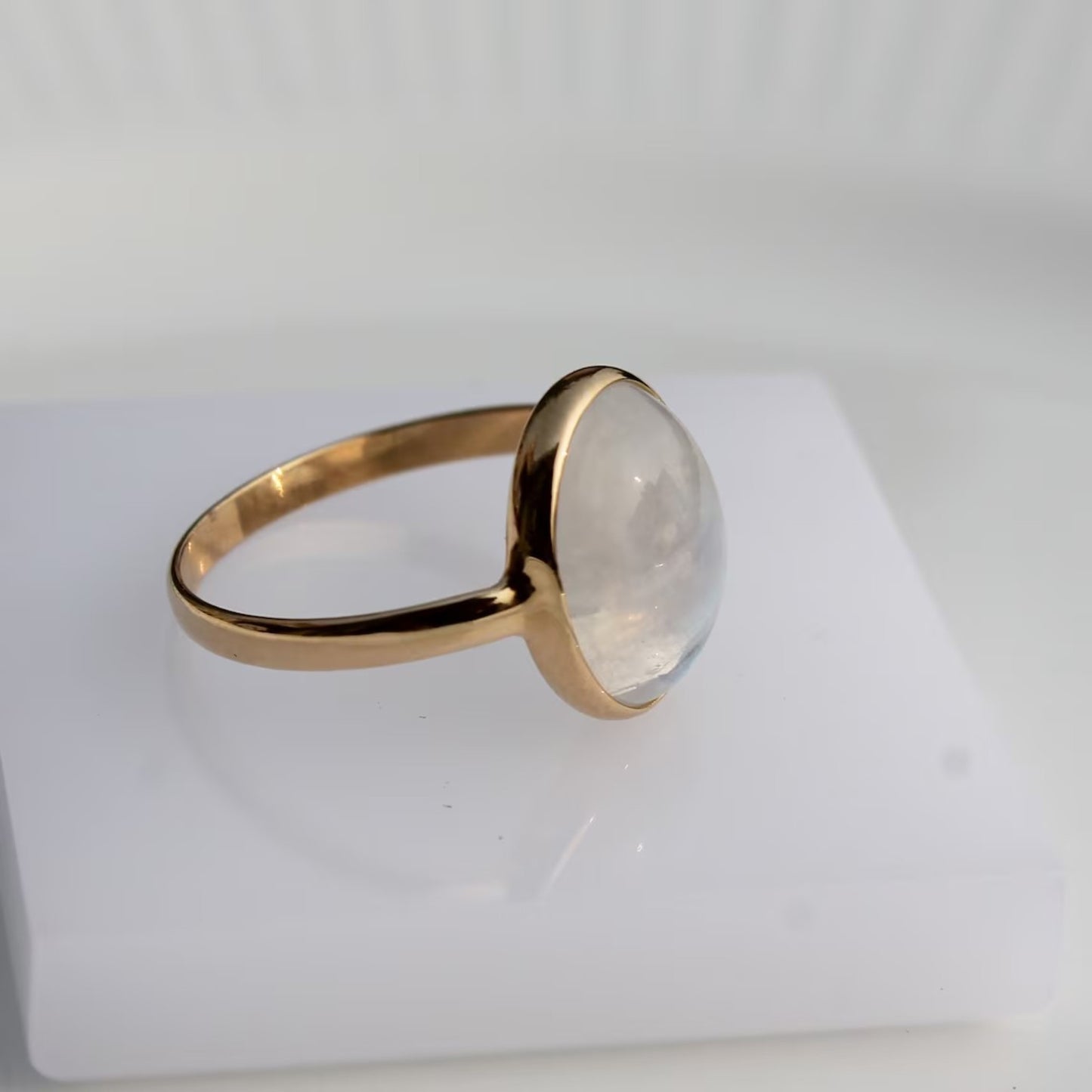 Oval Natural Rainbow Moonstone Ring in 14k Solid Yellow Gold
