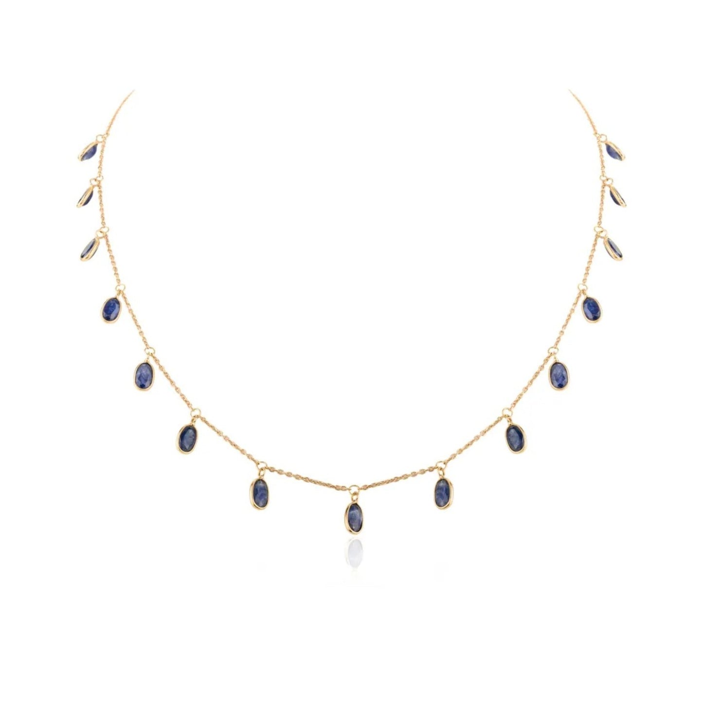 18K Solid Gold Blue Sapphire Chain Station Necklace (18 Inches)