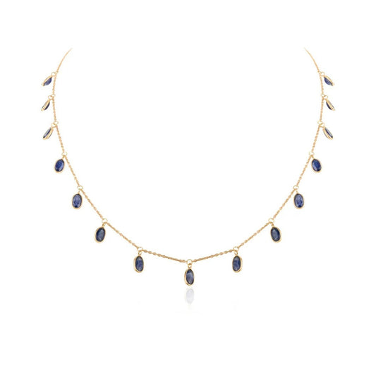18K Solid Gold Blue Sapphire Chain Station Necklace (18 Inches)