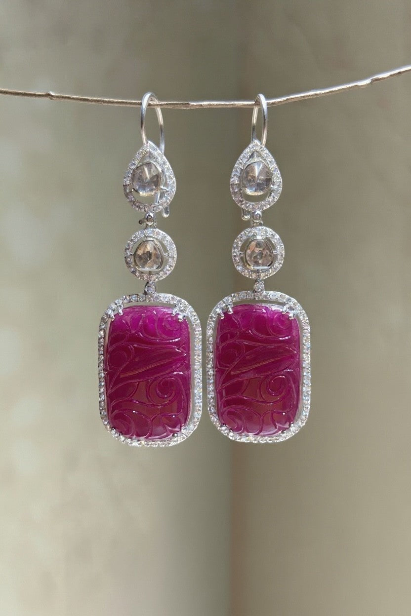 Jewels and art Emporium india carved ruby and diamond drop earrings with rose-cut diamonds in sterling silver.