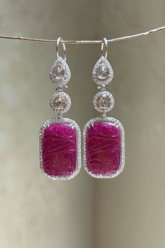 Carved Ruby And Diamond Drop Earrings