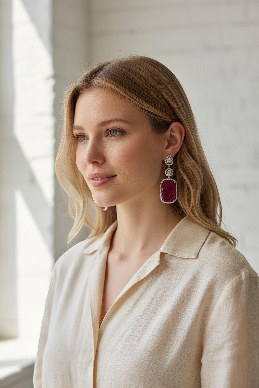 Jewels and art Emporium india carved ruby and diamond drop earrings with rose-cut diamonds in sterling silver.