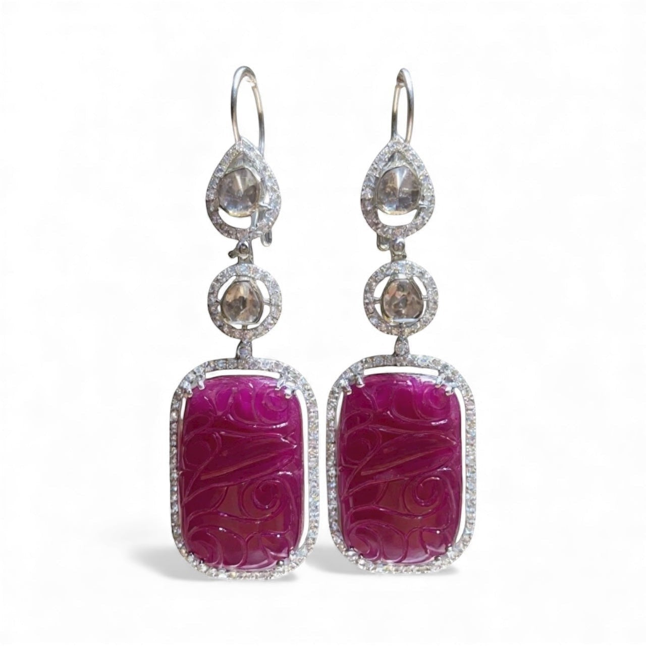 Jewels and art Emporium india carved ruby and diamond drop earrings with sterling silver setting. Features rectangular carved rubies surrounded by diamonds.