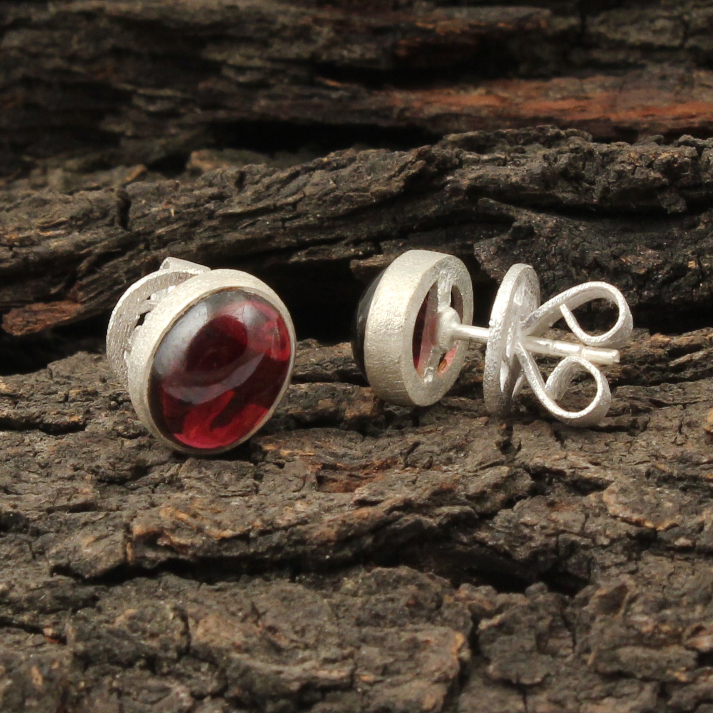Red Garnet Earrings Handmade Matte Finish 925 Sterling Silver Oval Shape Bezel Set Jewelry