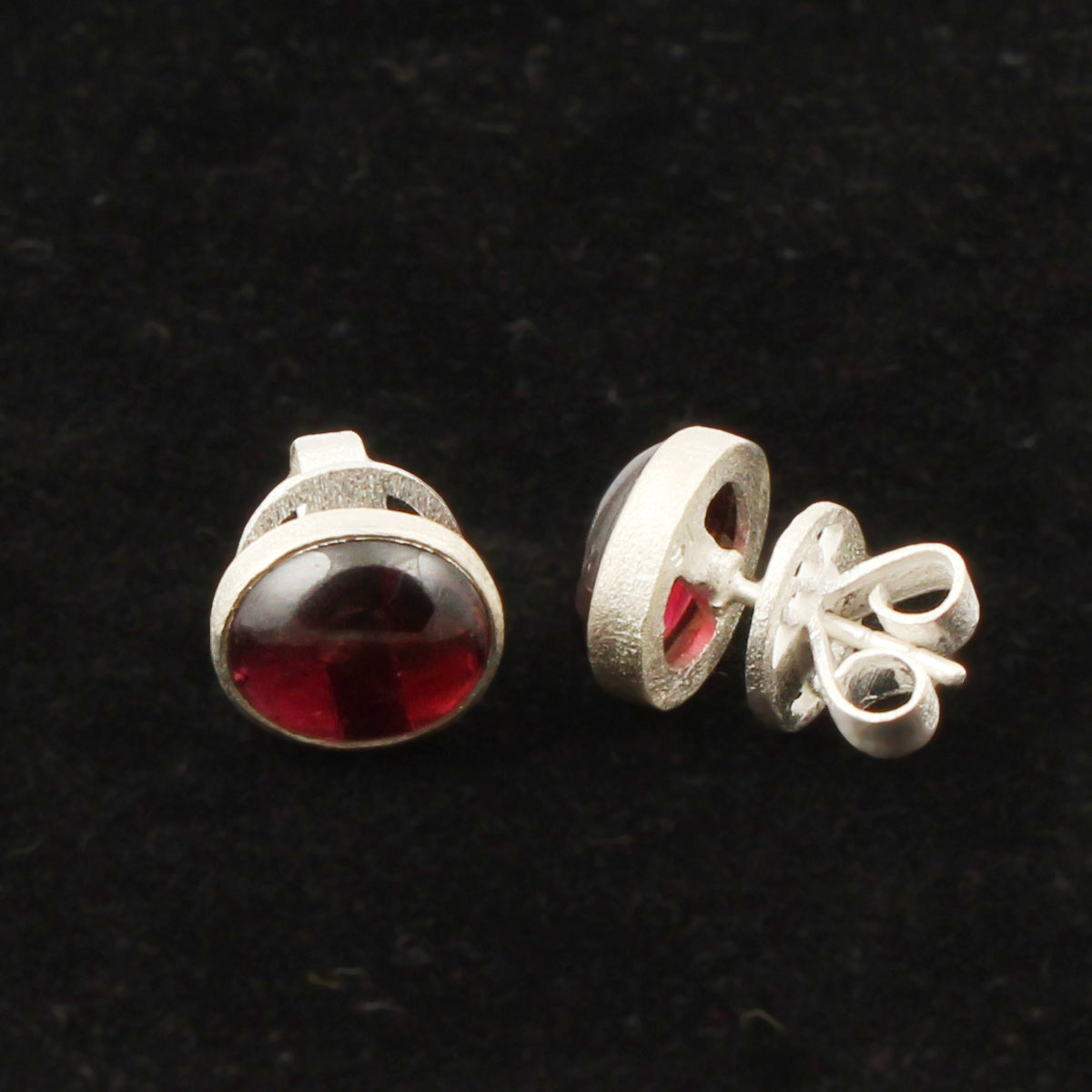 Red Garnet Earrings Handmade Matte Finish 925 Sterling Silver Oval Shape Bezel Set Jewelry
