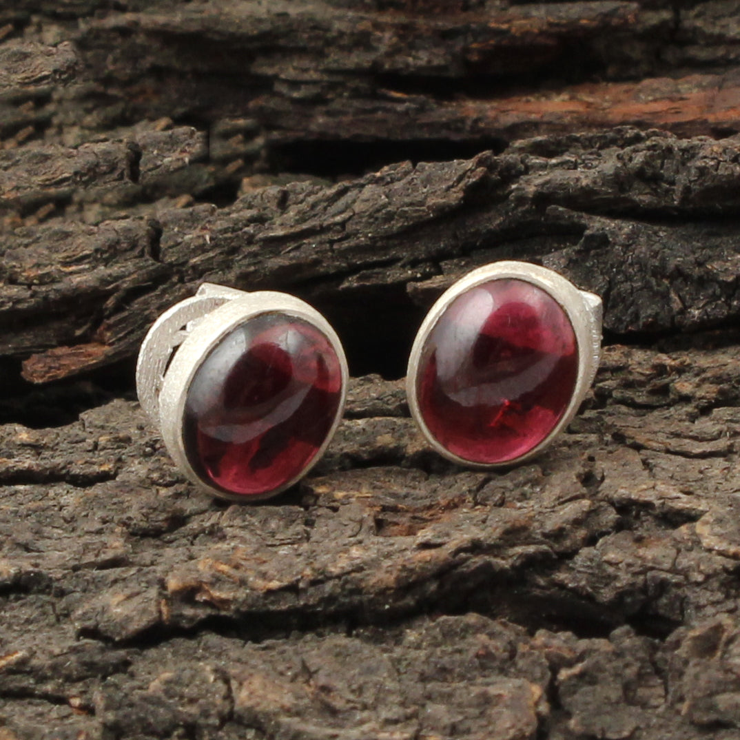 Red Garnet Earrings Handmade Matte Finish 925 Sterling Silver Oval Shape Bezel Set Jewelry