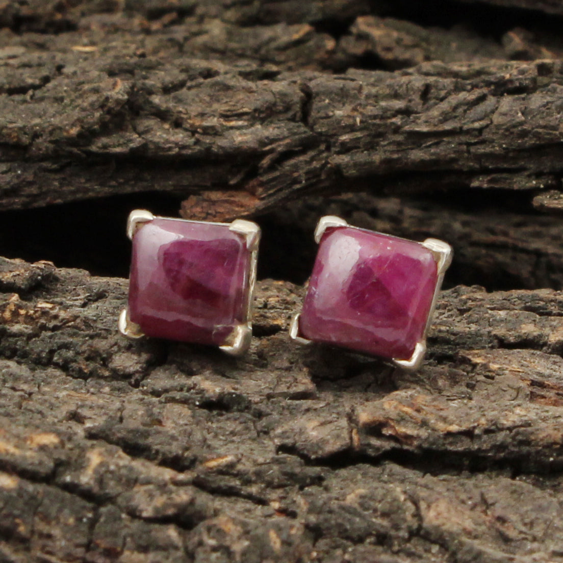 Natural Ruby Stud Prong Set 925 Sterling Silver Gemstone Earrings