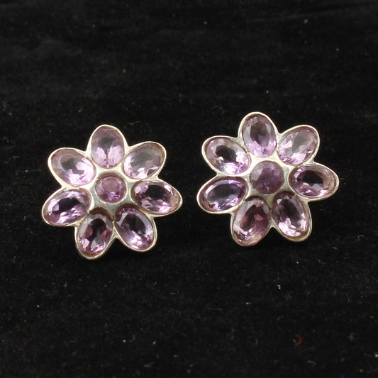 Natural Amethyst Gemstone Stud Handmade 925 Sterling Silver Floral Bezel Set Earrings