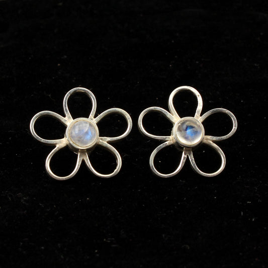 Rainbow Moonstone Stud Earrings Floral Round Shape 925 Sterling Jewelry