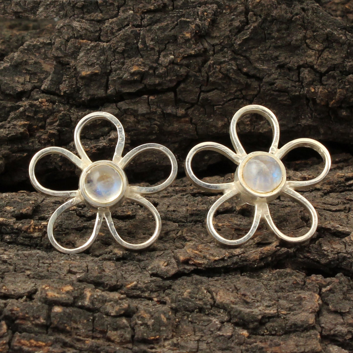 Rainbow Moonstone Stud Earrings Floral Round Shape 925 Sterling Jewelry