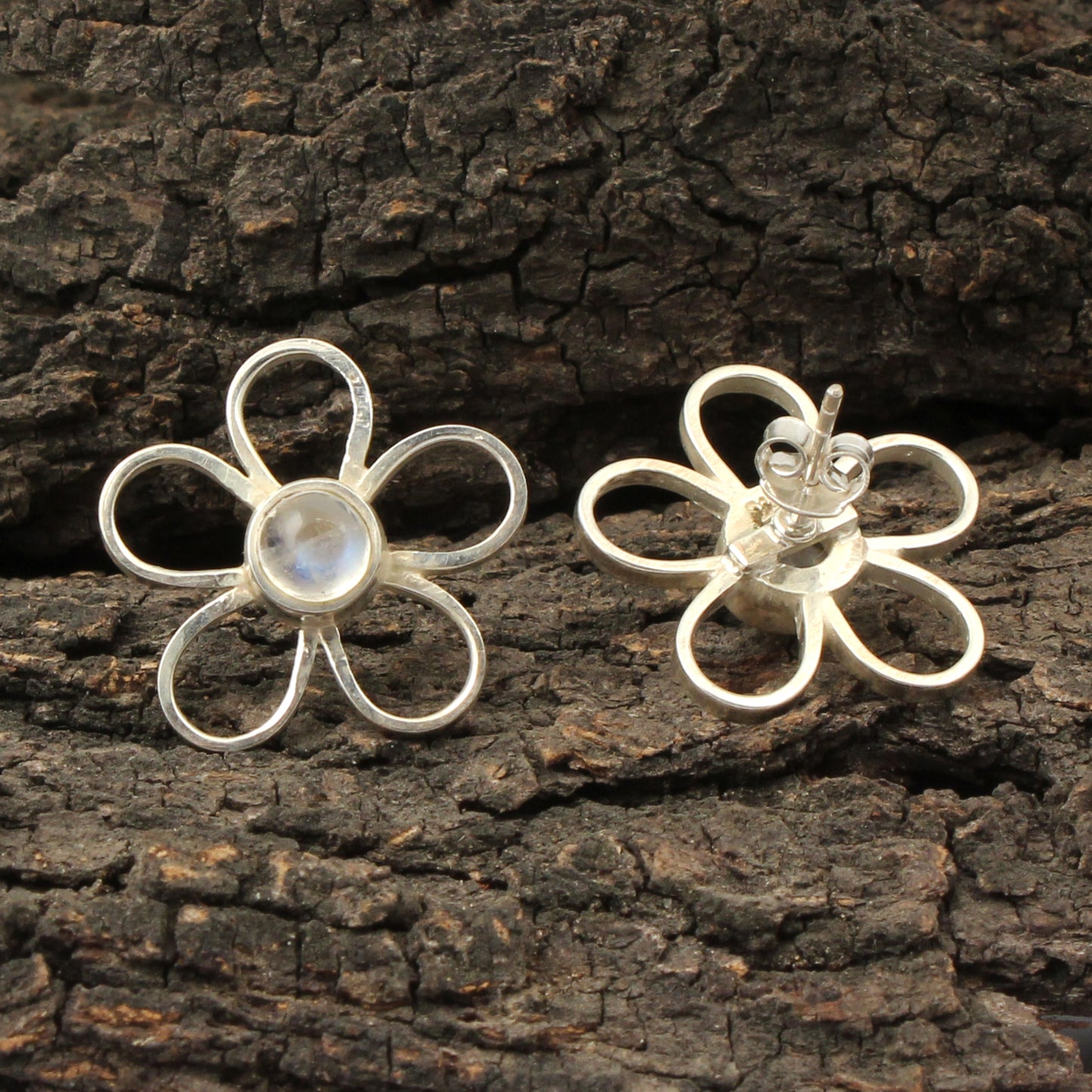 Rainbow Moonstone Stud Earrings Floral Round Shape 925 Sterling Jewelry