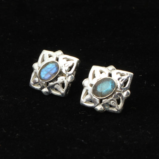 Labradorite Stud Earrings Faceted Gemstone Handmade Bezel Set 925 Sterling Silver Jewelry
