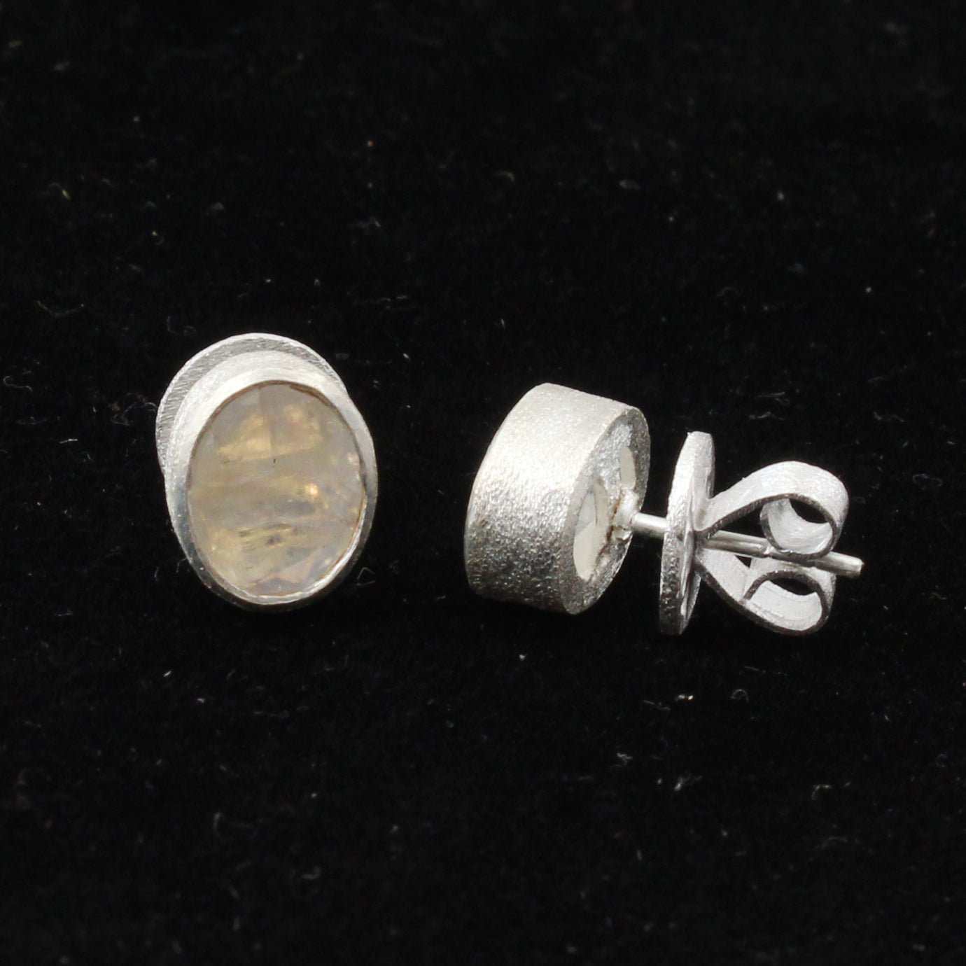 Rainbow Moonstone Stud Matte Finish 925 Sterling Silver Earrings